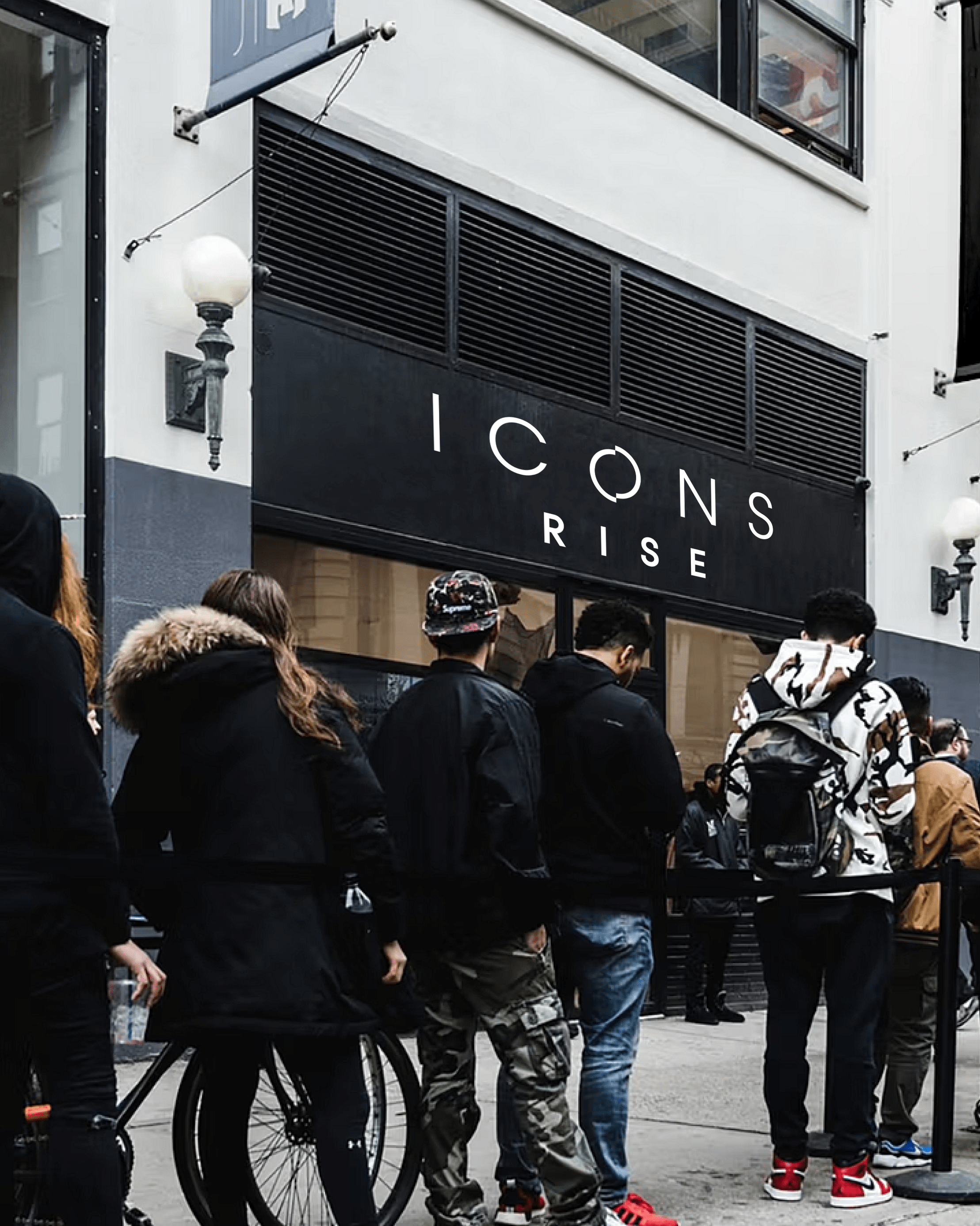 People lined up outside of a store